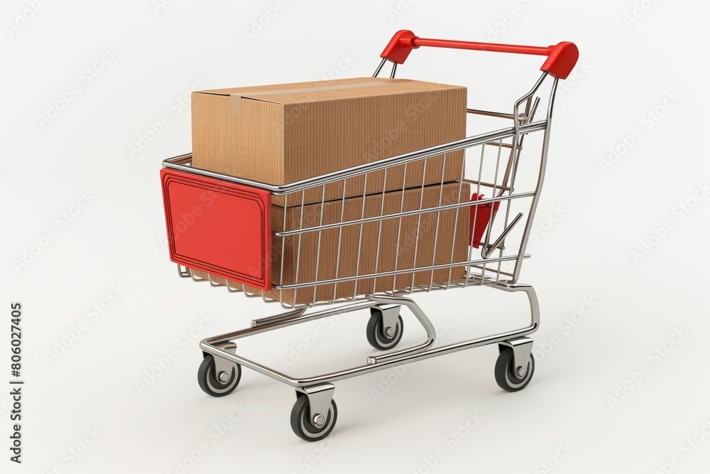 A shopping cart is full of boxes and has red sticker on the handle