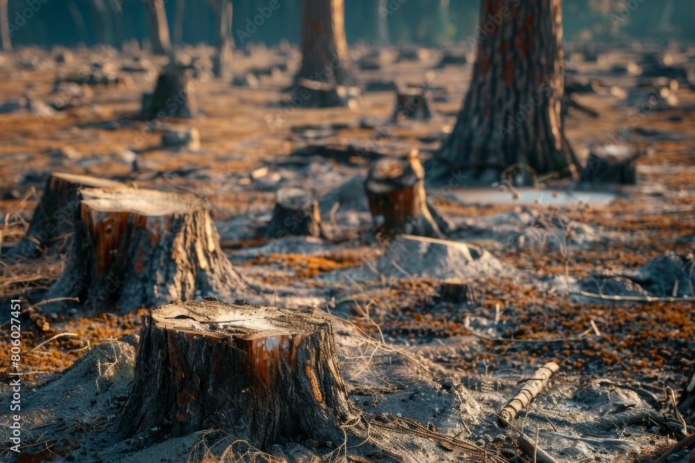 Stump from felled tree in drought concept. Record summer heat. Backdrop of the consequences of environmental problems Stump from felled tree in drought concept. Record summer heat. Backdrop of the consequences of environmental problems