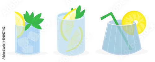 Vector set of summer alcoholic beach party drinks in clear glass