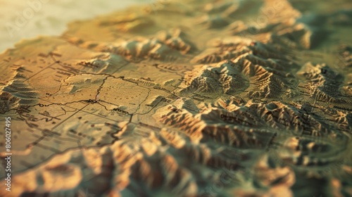 state map of America  USA Craft a 3D-rendered  photorealistic close-up shot of a state map  highlighting the texture and depth of the terrain and landmarks with meticulous precision. 