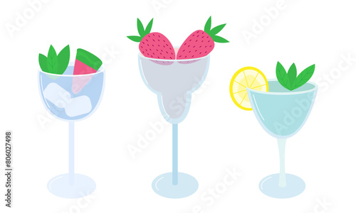 Set of classical drinks in different types of glasses in flat style. Margarita, watermelon alcoholic cocktail, gin tonic