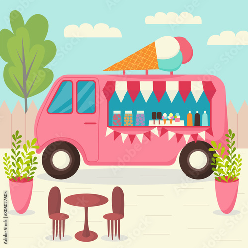 Vector ice cream truck in summer landscape flat style illustration. Ice cream truck street cafe. (ID: 806027605)