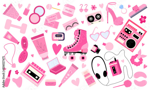 Pink 90s girl vintage vector flat set. Set of retro colorful elements 80s 90s in pink colours for stickers and posters (ID: 806027671)