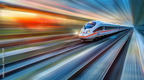 Bolted Rails: Hyper-Realistic High-Speed Train Amidst Railway Lightning, motion blur of futuristic train