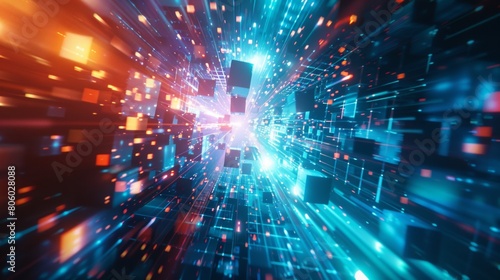 Abstract digital background with glowing cubes and light rays  representing data transfer in virtual space. Futuristic design in the style of technology or computer graphics concept.