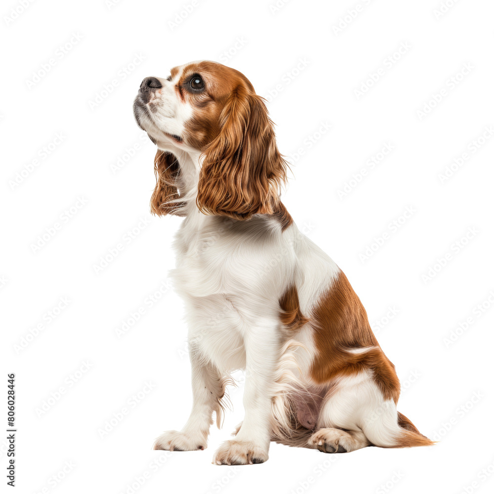 A Cavalier King Charles Spaniel sits obediently, waiting for his owner's next command