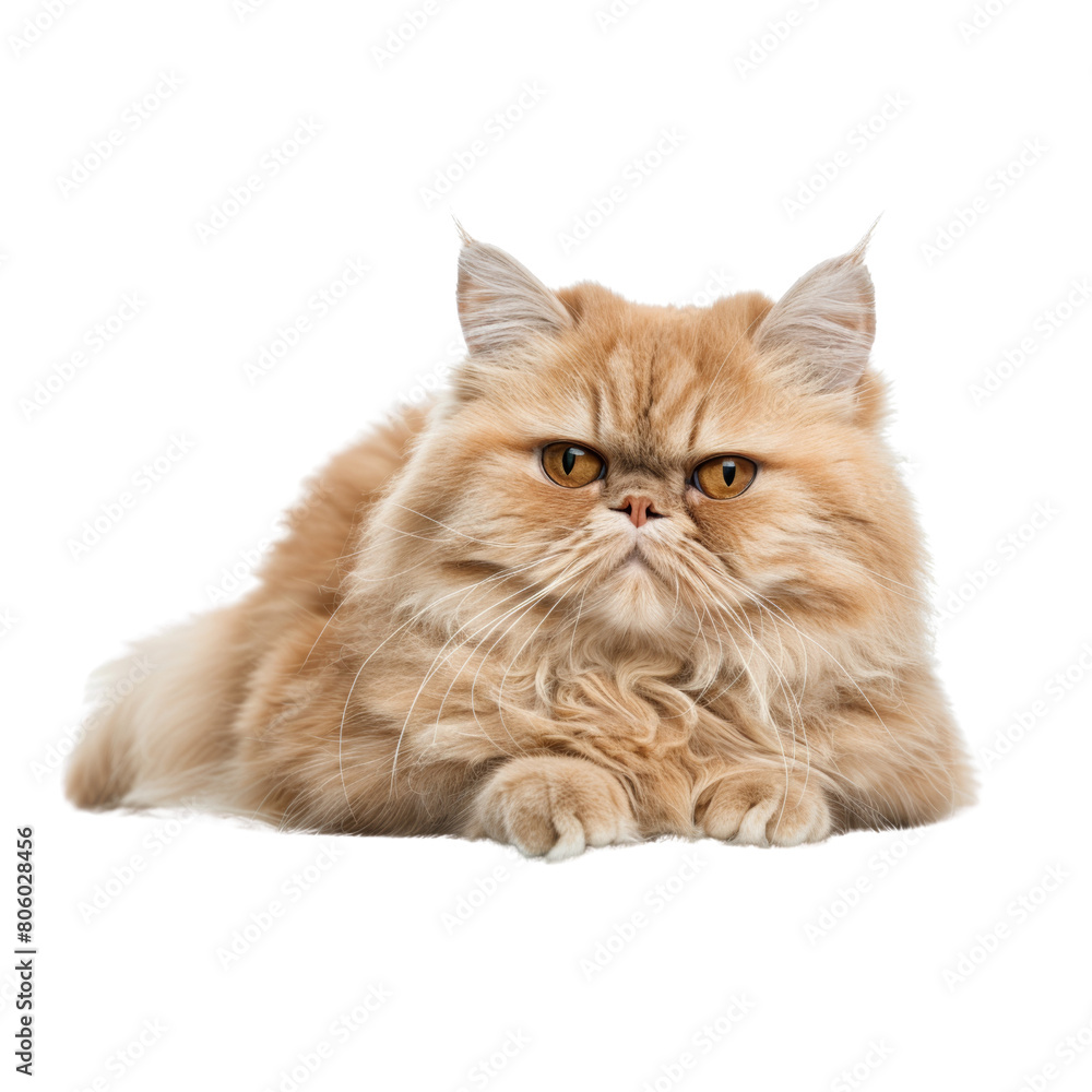 A ginger Persian cat is sitting on a white background. The cat has long fluffy fur and big eyes