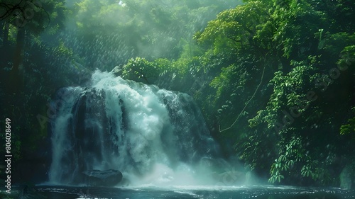  A cascading waterfall tumbling down a sheer cliff face, surrounded by lush greenery and framed by rugged mountain peaks. . 