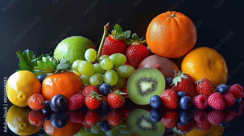 Macro View of Fresh and Colorful Fruit Composition, Featuring Oranges, Kiwi, Grapes, Berries, and Lemons on Reflective Surface, Showcasing Vibrant and Healthy Eating.