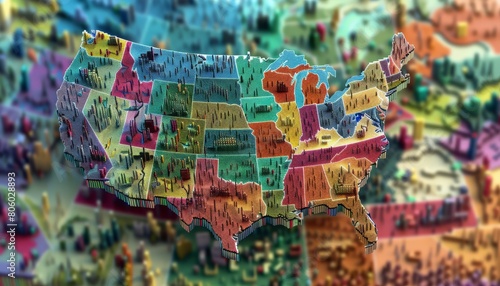 state map of America ,USA Bring to life Frontal View State Maps in pixel art, infusing retro charm with modern creativity, Craft each state with vibrant colors and pixel-perfect detail, photo