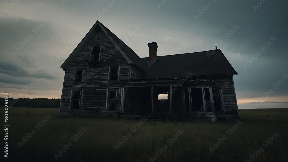An old, possibly haunted house with a blue roof sits nestled amongst trees in a rural summer landscape An old, possibly haunted house with a blue roof sits nestled amongst trees in a rural summer landscape