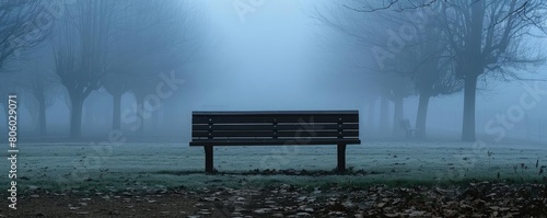 Empty park bench in a foggy setting, symbolizing absence and the quietude of depression photo