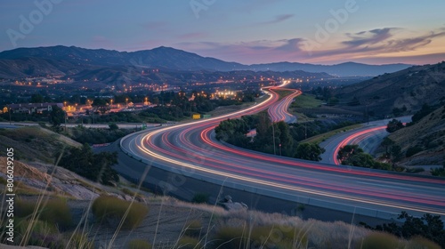 Nighttime long exposure of a road. A vibrant long exposure shot capturing the dynamic lights of cars traversing a road at night, reflecting the urban pulse