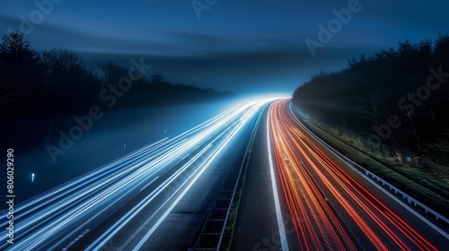 Nighttime long exposure of a road. A vibrant long exposure shot capturing the dynamic lights of cars traversing a road at night  reflecting the urban pulse
