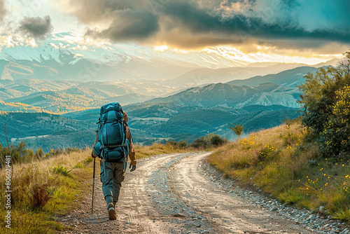 Lonely Pilgrim with backpack walking the Camino de Santiago in Spain, Way of St James photo