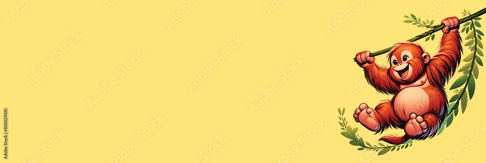 Fototapeta premium Cute orangutan on yellow background, wide horizontal panoramic banner with copy space, or web site header with empty area for text.