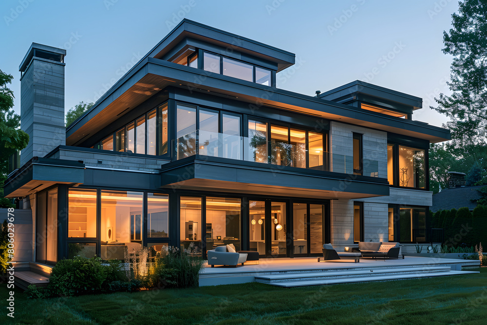 Modern minimalist home at twilight, featuring clean lines and large windows that show the warm interior lighting against the dusk sky Modern minimalist home at twilight, featuring clean lines and large windows that show the warm interior lighting against the dusk sky