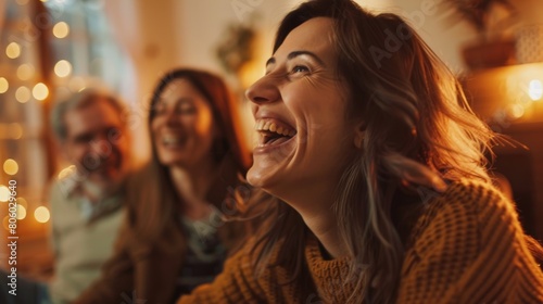 group of happy adult friends at home. laughing, smiling, warm beautiful bright living room background