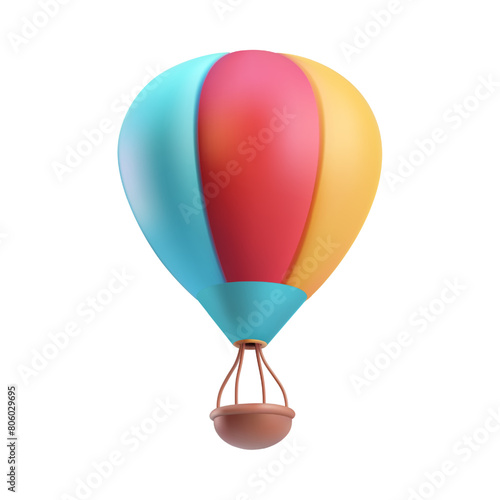 Hot air balloon 3d vector illustration. Colorful sky travel vehicle with basket and striped flying inflatable parachute. Red yellow blue airship ballon. Cartoon aerostat for ballooning festival.