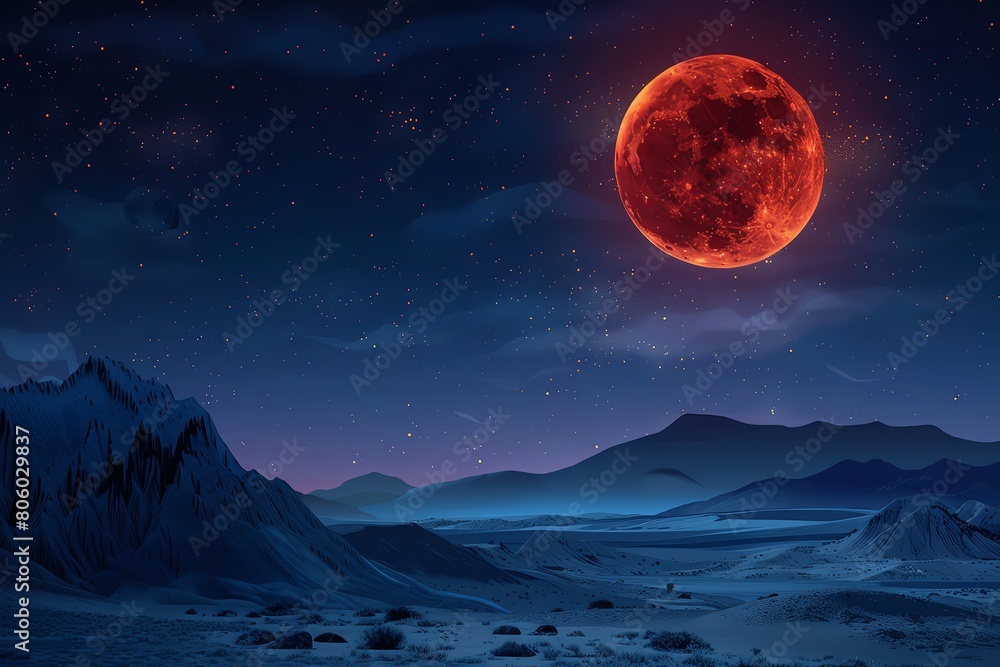 Total lunar eclipse, realistic, deep red moon, clear night sky