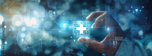 Businessman holding a medical cross icon on a virtual screen, depicting a concept of health care technology