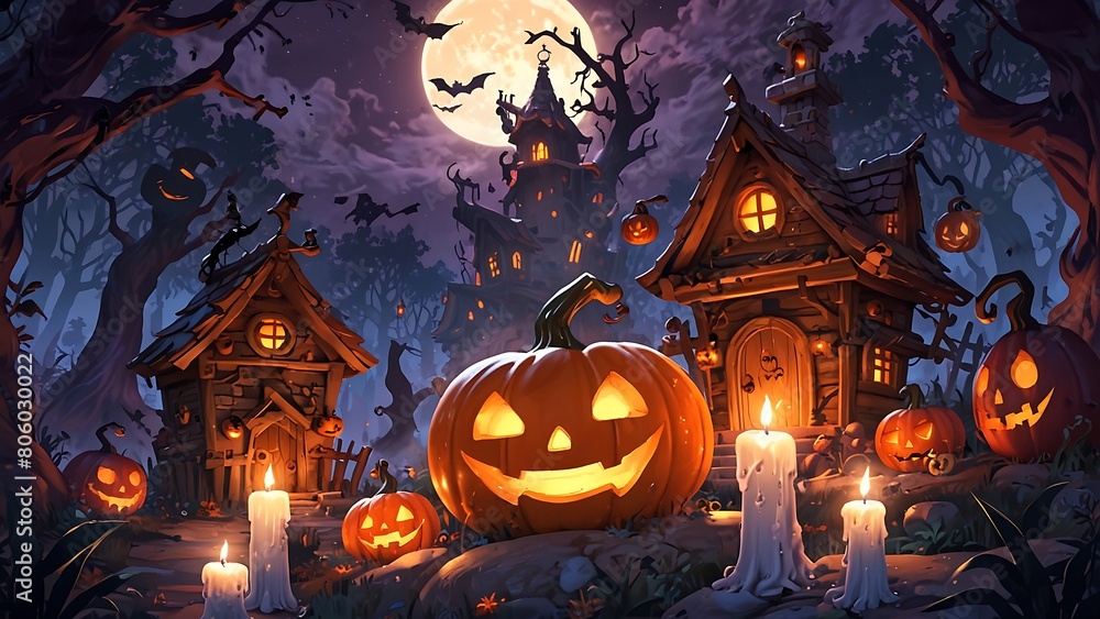 Spooky halloween illustration with a pumpkin under a full moon on a dark autumn night Spooky halloween illustration with a pumpkin under a full moon on a dark autumn night