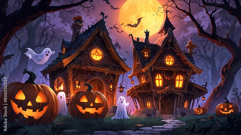 Spooky halloween illustration with a pumpkin under a full moon on a dark autumn night