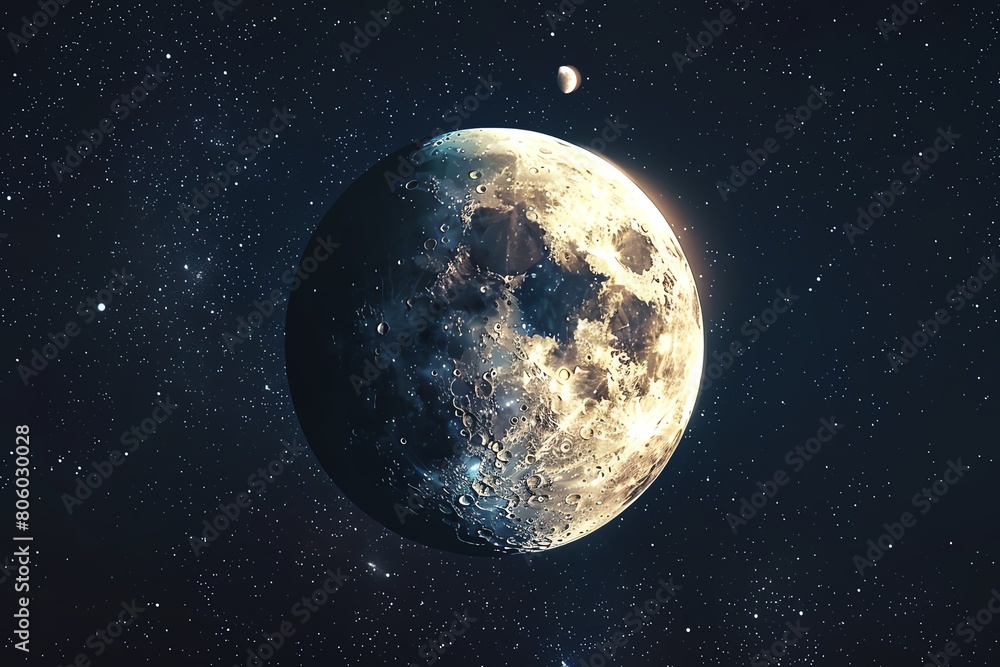 Full lunar eclipse, realistic, darkened moon, starry background