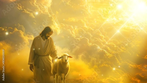 Jesus and the lamb are walking on the clouds,Christian background photo