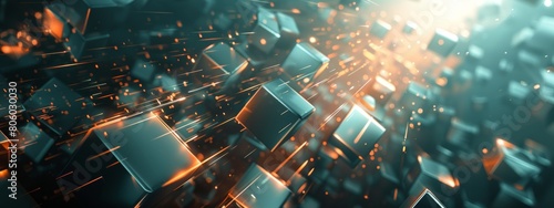 Abstract digital background with glowing cubes and light rays, creating an immersive space for technology or data visualization in the style of technology or data visualization.
