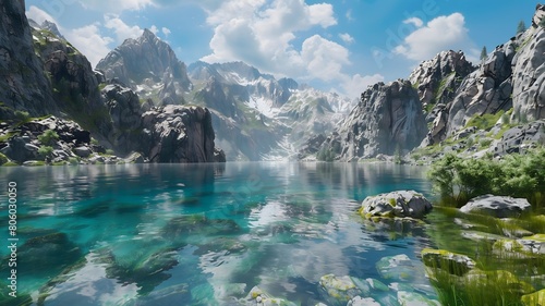  A crystal-clear alpine lake nestled between rugged cliffs, reflecting the azure sky above like a flawless mirror. . 