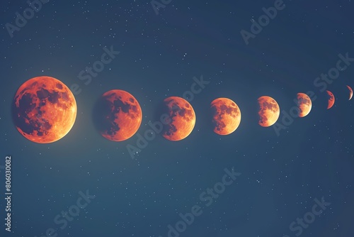 Lunar eclipse progression  realistic  series of phases  clear sky