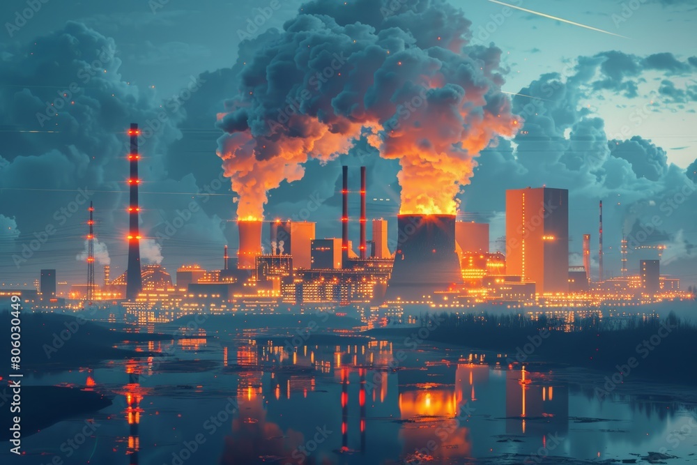 Obraz premium Futuristic nuclear facility at night, vibrant with flames and smoke, highlights intense energy production through fission. nuclear fission and use in generating electricity,