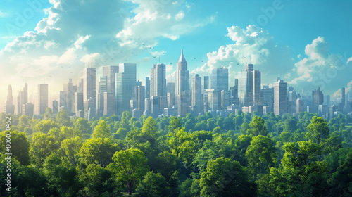 Beautiful modern eco friendly green city panoramic view with skyscrapers and parks. Idilic place to live, city of the future concept illustration.