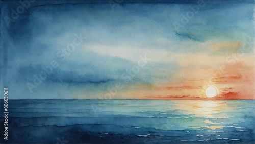 sunset over the blue sea painting, seascape in watercolor style, panorama, wallpaper background illustration photo