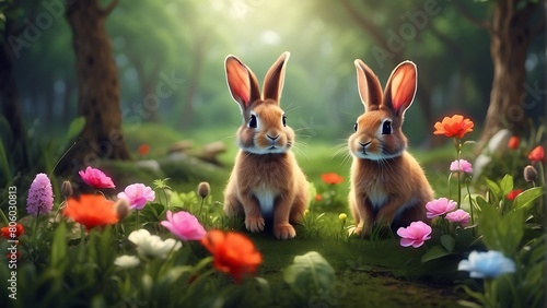 Fluffy white rabbit family in green grassy garden © VFX1988