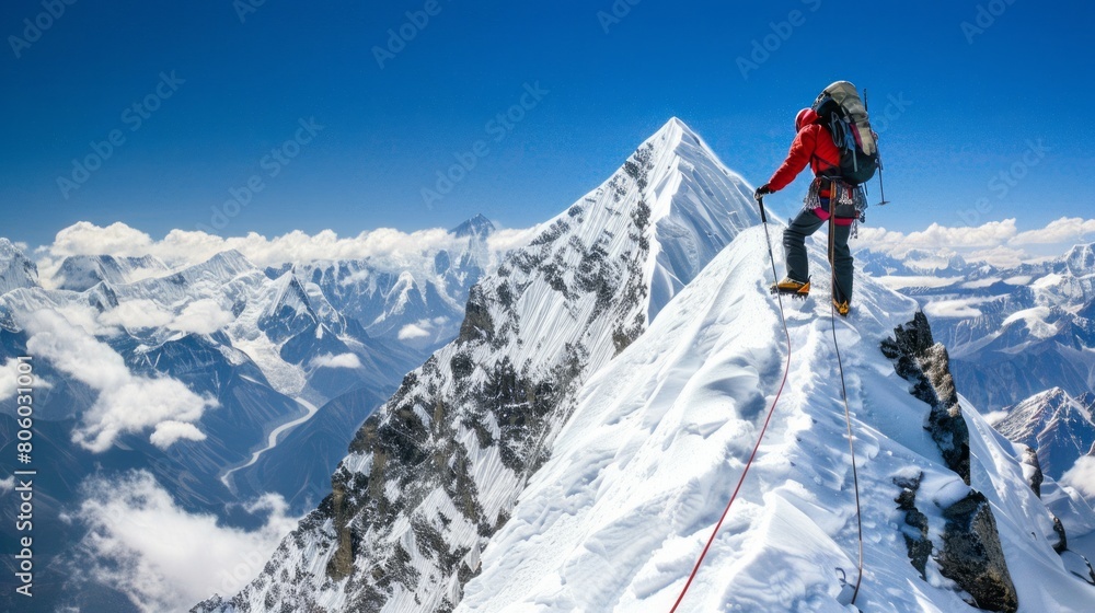an intrepid mountaineer conquering a towering peak, ice axe poised against the snow-covered summit