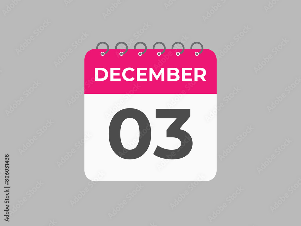 December 3 calendar reminder. 3 December daily calendar icon template. Calendar 3 December icon Design template. Vector illustration
December 3 calendar reminder. 3 December daily calendar icon template. Calendar 3 December icon Design template. Vector illustration