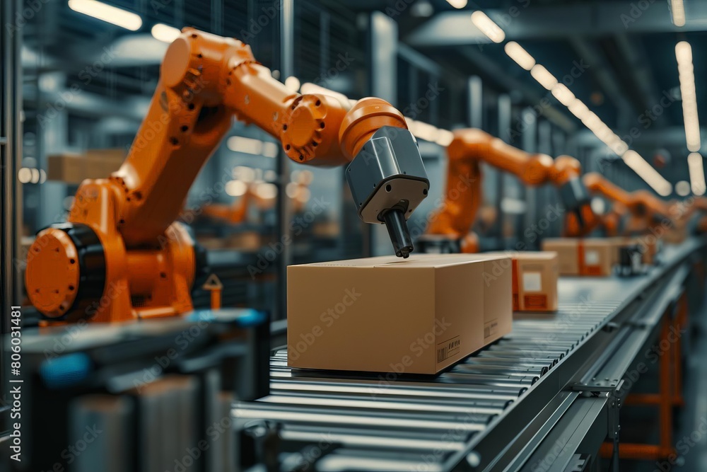 A robot is working on a box in a factory