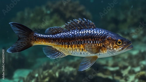 Sea fish with flowing fins swims alone in a blue aquarium. 