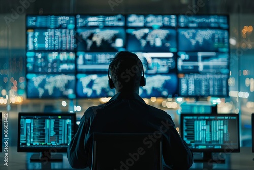 A man is sitting in front of a computer monitor with a headset on