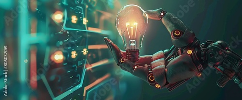 Digital human hand touching a virtual light bulb while a robotic arm holds the glowing digital lamp in the style of a futuristic technology concept with a hologram background #806032091