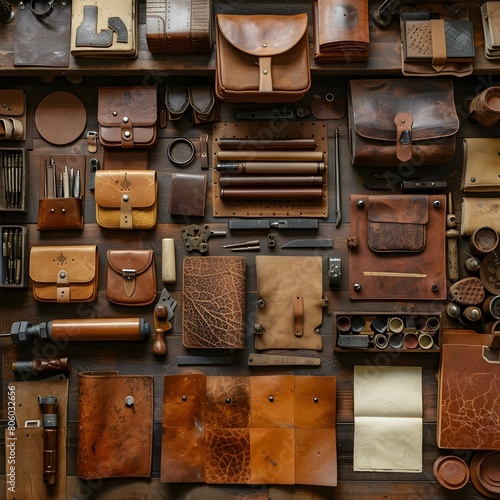 Overhead View of Artisan s Leatherworking Tools and Supplies on Rustic Workshop Bench description photo