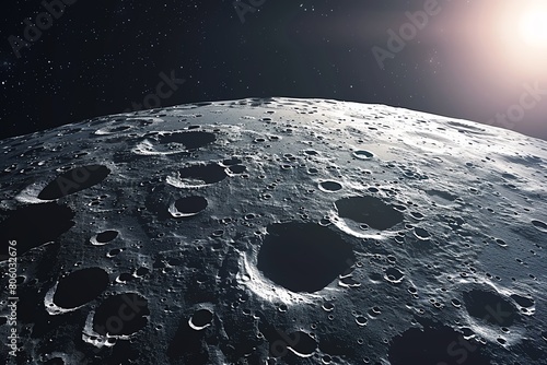 Panoramic view of the moon s surface, realistic, gentle illumination photo