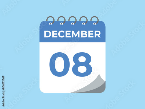 December 8 calendar reminder. 8 December daily calendar icon template. Calendar 8 December icon Design template. Vector illustration
