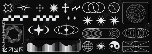 Rave psychedelic retro futuristic set.geometric shapes, abstract backgrounds and patterns, wireframe,Y2k abstract geometric shapes and objects.vector elements and signs