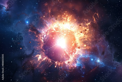 Realistic supernova with bright light at the center, deep space background