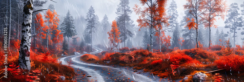 Autumnal Forest Path, Misty Morning with Richly Colored Leaves, Peaceful Hike Through Nature