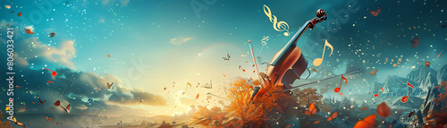 Explore a surreal symphony with musical notes blending into dreamlike landscapes Show vibrant instruments metamorphosing into fantastical creatures under an avant-garde perspective photo