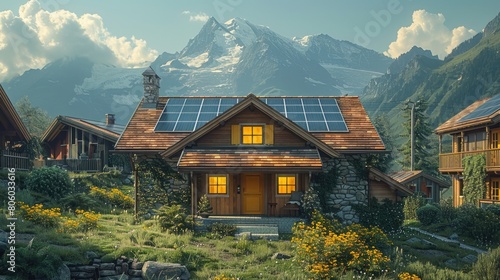 house on the mountain, a solar panel installation on a roof with a mountain in the background during summer time